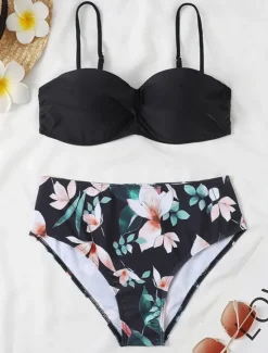Sale Women's Normal Swimwear Bikini 2 Piece Cheeky Swimsuit 2 Piece Open Back Sexy Printing High Waisted Vacation Fashion Floral Leaves Strap Sleeveless Bathing Suits Women Bikinis