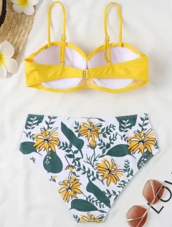 Sale Women's Normal Swimwear Bikini 2 Piece Cheeky Swimsuit 2 Piece Open Back Sexy Printing High Waisted Vacation Fashion Floral Leaves Strap Sleeveless Bathing Suits Women Bikinis