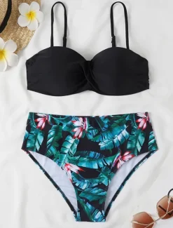 Sale Women's Normal Swimwear Bikini 2 Piece Cheeky Swimsuit 2 Piece Open Back Sexy Printing High Waisted Vacation Fashion Floral Leaves Strap Sleeveless Bathing Suits Women Bikinis