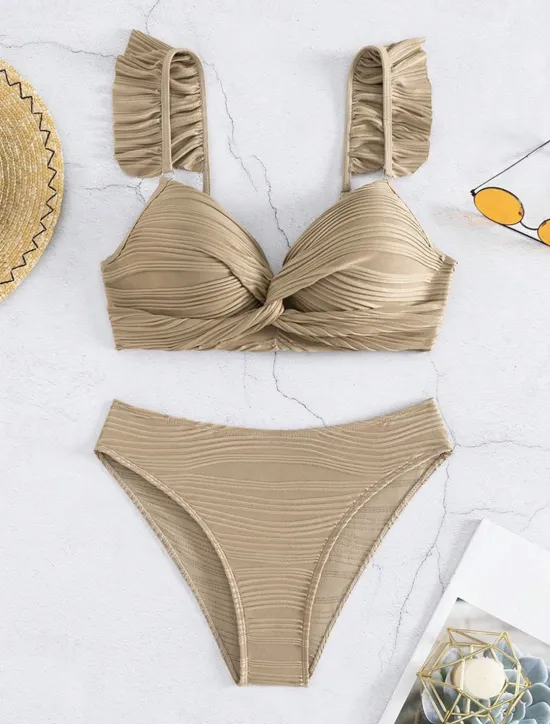 Hot Women's Normal Swimwear Bikini Swimsuit Ruffle 2 Piece Beach Wear Holiday Plain Sleeveless Bathing Suits Women Bikinis
