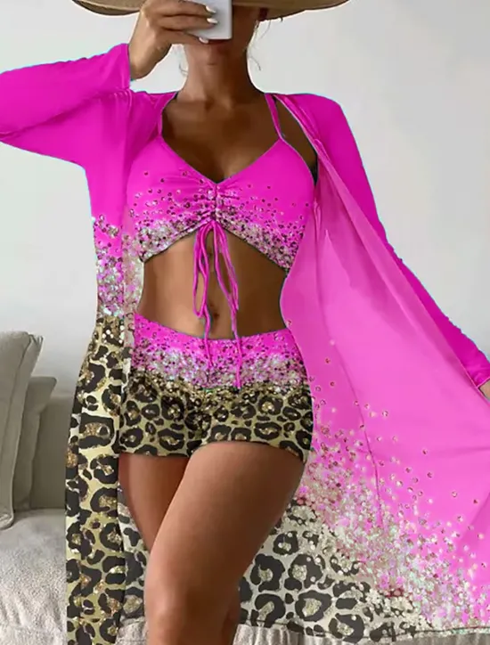 Clearance Women's Normal Swimwear Bikini Cover Up Swimsuit 3-Piece Printing Beach Wear Summer Leopard Long Sleeve Bathing Suits Women Leopard Swimwear|Bikinis