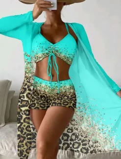 Clearance Women's Normal Swimwear Bikini Cover Up Swimsuit 3-Piece Printing Beach Wear Summer Leopard Long Sleeve Bathing Suits Women Leopard Swimwear|Bikinis