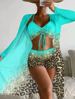 Clearance Women's Normal Swimwear Bikini Cover Up Swimsuit 3-Piece Printing Beach Wear Summer Leopard Long Sleeve Bathing Suits Women Leopard Swimwear|Bikinis