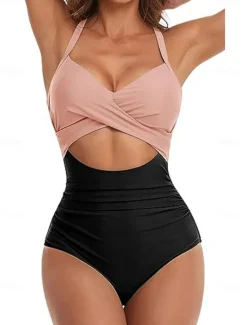 Online Women's Normal Swimwear One Piece Swimsuit Cut Out Beach Wear Holiday Color Block Sleeveless Bathing Suits Women One-Pieces