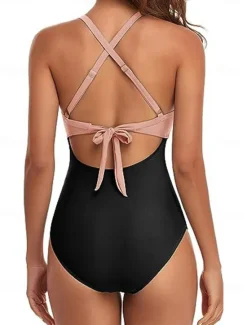 Online Women's Normal Swimwear One Piece Swimsuit Cut Out Beach Wear Holiday Color Block Sleeveless Bathing Suits Women One-Pieces