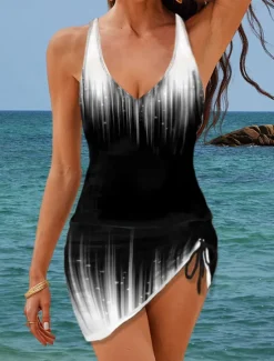 New Women's Normal Swimwear Swimdresses 2 Piece Tankini Swimsuit Halter 2 Piece Modest Vacation Beach Wear Ombre Strap Sleeveless Bathing Suits Women Swimdresses