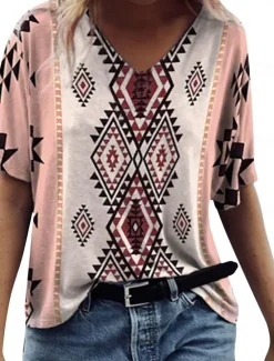 Discount Women's Normal T Shirt Graphic Plaid Tribal Vintage Fashion Western Short Sleeve V Neck Regular Tops Vacation Daily Going out Patchwork Print All Seasons Women Boho Tops