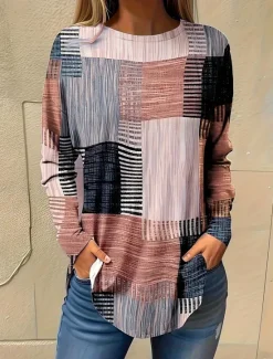 Sale Women's Normal T Shirt Graphic Plaid Vintage Fashion Casual Long Sleeve Round Neck Regular Tops Vacation Daily Going out Patchwork Print Yellow Pink Light Grey All Seasons Women T-Shirts