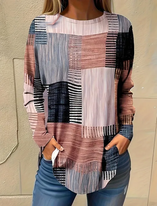 Sale Women's Normal T Shirt Graphic Plaid Vintage Fashion Casual Long Sleeve Round Neck Regular Tops Vacation Daily Going out Patchwork Print Yellow Pink Light Grey All Seasons Women T-Shirts