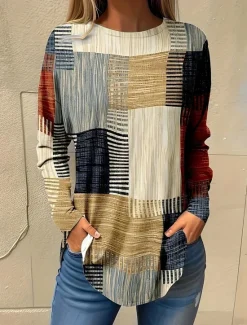 Sale Women's Normal T Shirt Graphic Plaid Vintage Fashion Casual Long Sleeve Round Neck Regular Tops Vacation Daily Going out Patchwork Print Yellow Pink Light Grey All Seasons Women T-Shirts