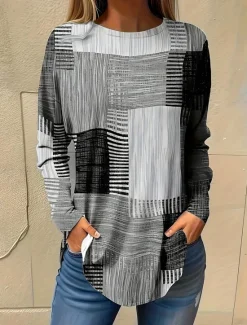 Sale Women's Normal T Shirt Graphic Plaid Vintage Fashion Casual Long Sleeve Round Neck Regular Tops Vacation Daily Going out Patchwork Print Yellow Pink Light Grey All Seasons Women T-Shirts