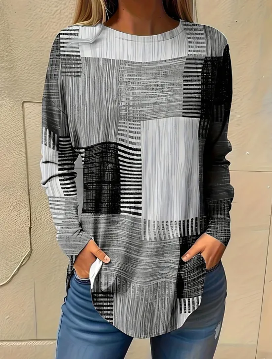 Sale Women's Normal T Shirt Graphic Plaid Vintage Fashion Casual Long Sleeve Round Neck Regular Tops Vacation Daily Going out Patchwork Print Yellow Pink Light Grey All Seasons Women T-Shirts