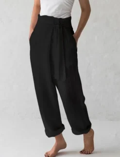 Clearance Women's Normal Wide Leg Cotton Linen Pants Slacks Yoga Chino Full Length High Waist Plain Baggy Lightweight Soft Black Dark Blue Beige Coffee Loose Fit Women Pants