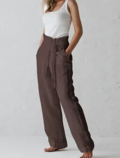 Clearance Women's Normal Wide Leg Cotton Linen Pants Slacks Yoga Chino Full Length High Waist Plain Baggy Lightweight Soft Black Dark Blue Beige Coffee Loose Fit Women Pants