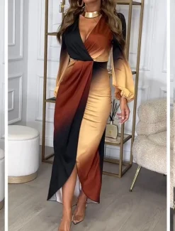 Clearance Women's Ombre Plunging Neck Midi Dress Long Sleeve Spring Fall Women Cocktail Dress