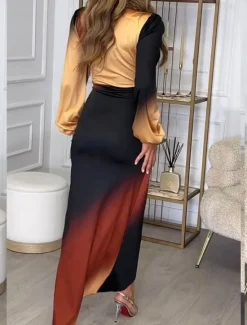 Clearance Women's Ombre Plunging Neck Midi Dress Long Sleeve Spring Fall Women Cocktail Dress