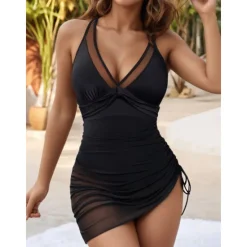 Online Women's One Piece Swimsuit Swim Dress Mesh Tummy Control Swimwear Solid Colored Swimwear Black Pink Breathable Quick Dry Lightweight Sleeveless - Swimming Surfing Beach Summer Spring Women Swimdresses