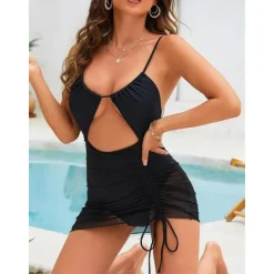 Online Women's One Piece Swimsuit Swim Dress Tummy Control Open Back Swimwear Solid Colored Swimwear Breathable Quick Dry Lightweight Sleeveless - Swimming Surfing Beach Summer Spring Women Swimdresses