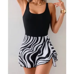New Women's One Piece Swimsuit Swim Dress Tummy Control Open Back Swimwear Leopard Print Swimwear Black White Breathable Quick Dry Lightweight Sleeveless - Swimming Surfing Beach Summer Spring Women Swimdresses