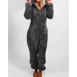 Women's One-Piece Hooded Pajama Solid Red Plush Fleece Long Sleeve Winter Sleepwear Cozy Homewear Comfort Fit Home Outfits Women Sleepwear