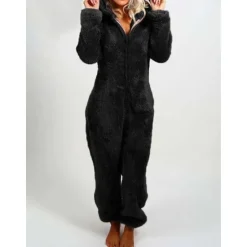 Women's One-Piece Hooded Pajama Solid Red Plush Fleece Long Sleeve Winter Sleepwear Cozy Homewear Comfort Fit Home Outfits Women Sleepwear