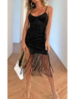 Best Women's One-Shoulder Sequined Mini Dress with Fringe Hem Champagne Sleeveless Party Cocktail Evening Dress Women Cocktail Dress