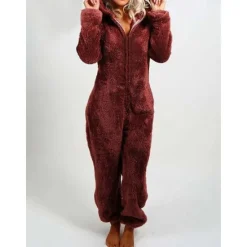 Hot Women's Onesie Pajama Plush Fleece Bear Ear Hoodie Red Full-Length Winter Warmth Cozy Loungewear Zippered Sleepwear Casual Home Home Outfits Women Sleepwear