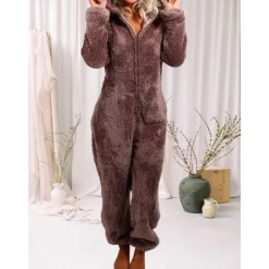 Hot Women's Onesie Pajama Plush Fleece Bear Ear Hoodie Red Full-Length Winter Warmth Cozy Loungewear Zippered Sleepwear Casual Home Home Outfits Women Sleepwear