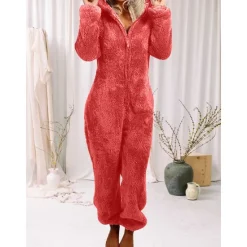 Hot Women's Onesie Pajama Plush Fleece Bear Ear Hoodie Red Full-Length Winter Warmth Cozy Loungewear Zippered Sleepwear Casual Home Home Outfits Women Sleepwear