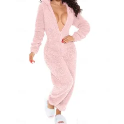 Best Women's Onesie Pure Color Warm Fashion Plush Home Daily Bed Sherpa Warm Hoodie Long Sleeve Hole Fall Winter Home Outfits Women Sleepwear