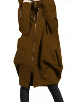Women's Outdoor Zipper Solid Color Windproof Fashion Loose Fit Outerwear Long Sleeve Fall dark brown S Women Jackets