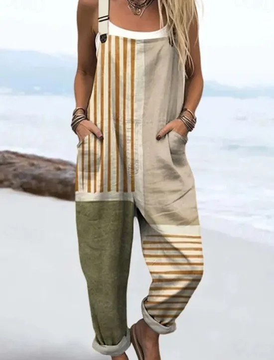 Clearance Women's Overall Active Graphic Sleeveless Drawstring Patchwork Vacation Street Loose Fit Light Brown Blue Orange Summer Women Jumpsuits|Graphic Jumpsuit