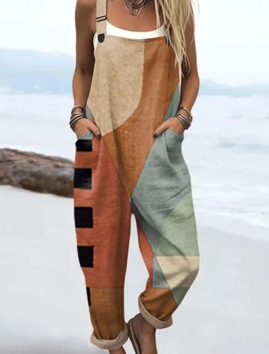 Clearance Women's Overall Active Graphic Sleeveless Drawstring Patchwork Vacation Street Loose Fit Light Brown Blue Orange Summer Women Jumpsuits|Graphic Jumpsuit