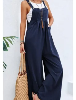 Discount Women's Overall Active Solid Color Sleeveless Jumpsuit Wide Leg Square Neck Pocket Buttons Vacation Daily Loose Fit Black Yellow Pink Summer Women Overalls|Jumpsuits