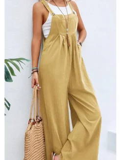 Discount Women's Overall Active Solid Color Sleeveless Jumpsuit Wide Leg Square Neck Pocket Buttons Vacation Daily Loose Fit Black Yellow Pink Summer Women Overalls|Jumpsuits