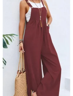 Discount Women's Overall Active Solid Color Sleeveless Jumpsuit Wide Leg Square Neck Pocket Buttons Vacation Daily Loose Fit Black Yellow Pink Summer Women Overalls|Jumpsuits