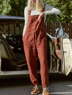 Online Women's Overall Bib Jumpsuit Utility Patch Pocket Solid Color Square Neck Streetwear Daily Vacation Casual Regular Fit Sleeveless Black Wine Blue S M L Summer Wide-leg Pants Vacation Women Jumpsuits