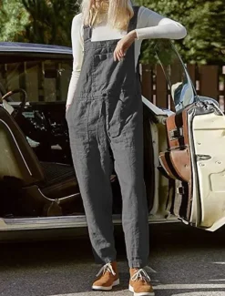 Online Women's Overall Bib Jumpsuit Utility Patch Pocket Solid Color Square Neck Streetwear Daily Vacation Casual Regular Fit Sleeveless Black Wine Blue S M L Summer Wide-leg Pants Vacation Women Jumpsuits