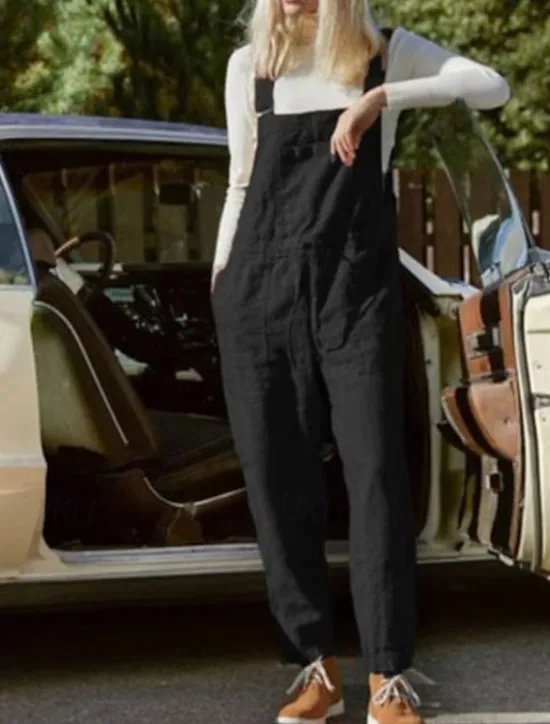 Online Women's Overall Bib Jumpsuit Utility Patch Pocket Solid Color Square Neck Streetwear Daily Vacation Casual Regular Fit Sleeveless Black Wine Blue S M L Summer Wide-leg Pants Vacation Women Jumpsuits