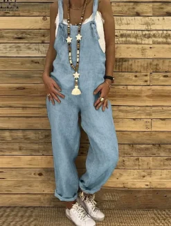 Online Women's Overall Bib Utility Pocket Solid Color Square Neck Streetwear Daily Vacation Regular Fit Sleeveless Black Wine Blue S M L Summer Fall Cowboy Women Overalls|Jumpsuits