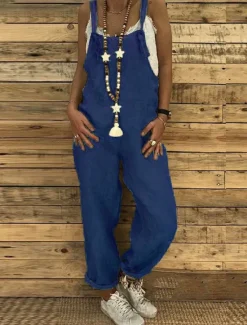 Online Women's Overall Bib Utility Pocket Solid Color Square Neck Streetwear Daily Vacation Regular Fit Sleeveless Black Wine Blue S M L Summer Fall Cowboy Women Overalls|Jumpsuits