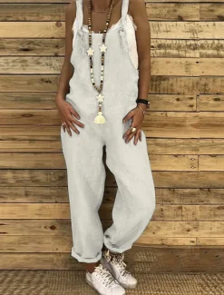 Online Women's Overall Bib Utility Pocket Solid Color Square Neck Streetwear Daily Vacation Regular Fit Sleeveless Black Wine Blue S M L Summer Fall Cowboy Women Overalls|Jumpsuits
