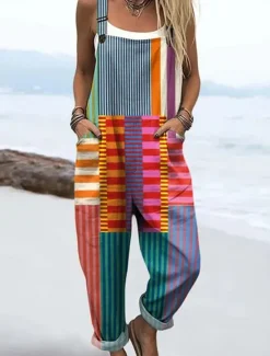 Hot Women's Overalls Vintage Casual Lightweight Full Length High Waist Floral Graphic Drawstring Inelastic Vacation Street Casual Dark navy Sky Blue Orange Green Summer Spring Fall Loose Fit Women Jumpsuits|Graphic Jumpsuit