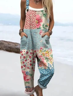 Hot Women's Overalls Vintage Casual Lightweight Full Length High Waist Floral Graphic Drawstring Inelastic Vacation Street Casual Dark navy Sky Blue Orange Green Summer Spring Fall Loose Fit Women Jumpsuits|Graphic Jumpsuit