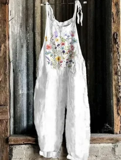 Outlet Women's Overalls Vacation Vintage Ethnic Style Full Length High Waist Floral Graphic Animal Drawstring Inelastic Formal Vacation Street Yellow Pink Green Summer Spring Fall Loose Fit Women Jumpsuits|Graphic Jumpsuit