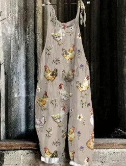 Women's Overalls Vacation Vintage Ethnic Style Full Length High Waist Animal Drawstring Inelastic Formal Vacation Street Robin's Egg Blue Sage Khaki Summer Spring Fall Loose Fit Women Jumpsuits|Graphic Jumpsuit