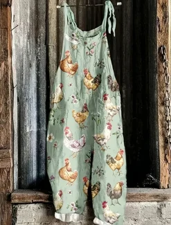Women's Overalls Vacation Vintage Ethnic Style Full Length High Waist Animal Drawstring Inelastic Formal Vacation Street Robin's Egg Blue Sage Khaki Summer Spring Fall Loose Fit Women Jumpsuits|Graphic Jumpsuit