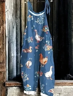 Women's Overalls Vacation Vintage Ethnic Style Full Length High Waist Animal Drawstring Inelastic Formal Vacation Street Robin's Egg Blue Sage Khaki Summer Spring Fall Loose Fit Women Jumpsuits|Graphic Jumpsuit