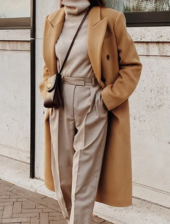Women's Overcoat Long Pea Coat Double Breasted Lapel Trench Coat Windproof Warm Winter Coat with Pockets Fall Stylish Contemporary Modern Jacket Long Sleeve White Khaki Women Coats & Trench Coats