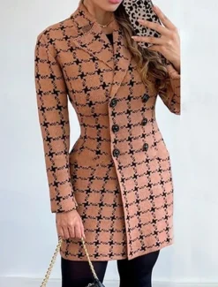 Online Women's Overcoat Thickened Button Down Winter Lattice Print Lapel Coat for women Women Coats & Trench Coats